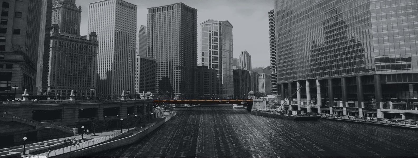 Chicago river and skyline with a digital data pattern from the ARMTech campaign