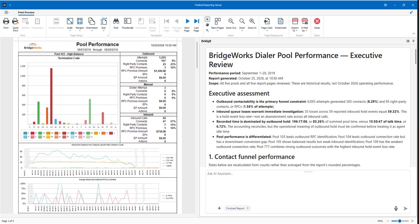 Current VDM Finished Reports viewer displaying a report alongside Bridgit’s executive analysis
